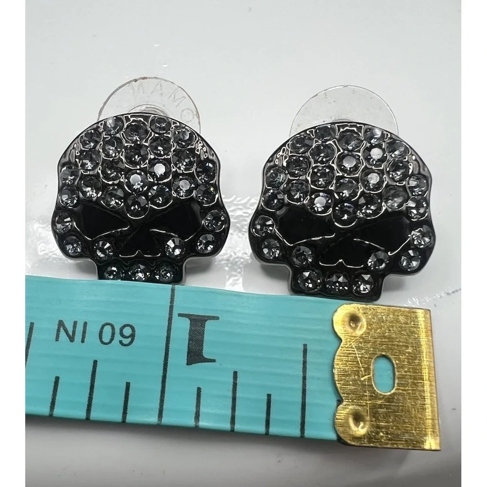 Harley-Davidson Women's Gunmetal Black Rhinestone Stud Willie G Skull Earrings